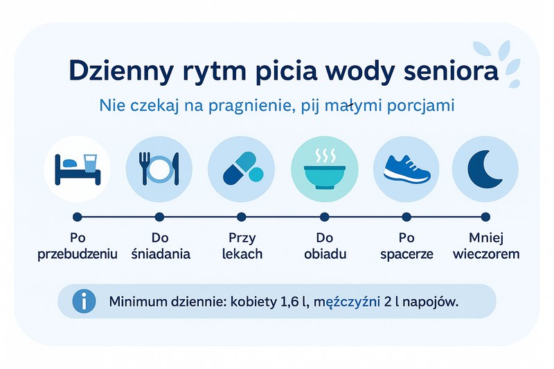 dzienny rytm picia wody seniora - o jakich porach pić wodę