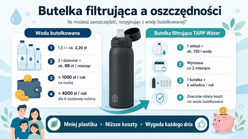 ilustracja pokazująca ile można zaoszczędzić na korzystaniu z butelki filtrującej zamiast kupowaniu wody butelkowanej